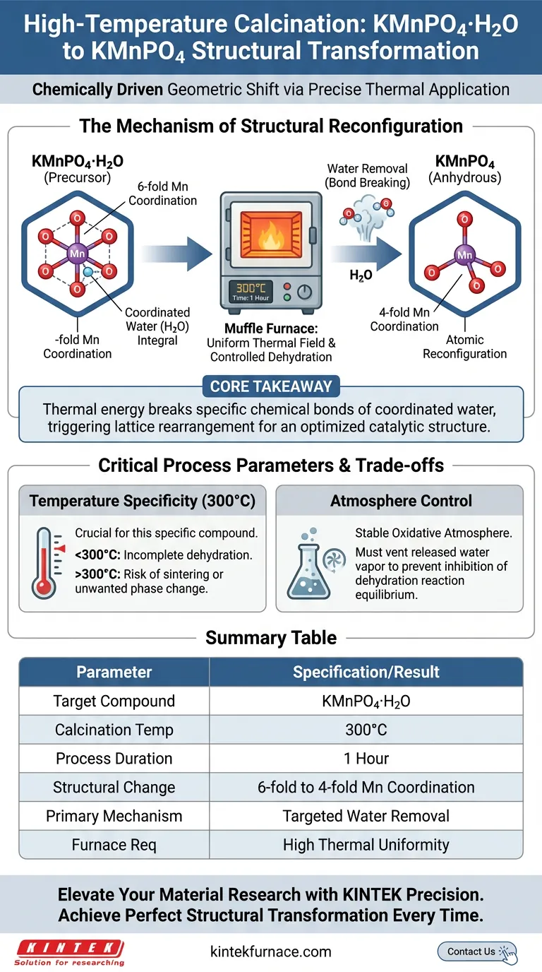 マッフル炉を用いた高温焼成プロセスは、KMnPO4·H2Oの構造変換をどのように促進しますか？ ビジュアルガイド