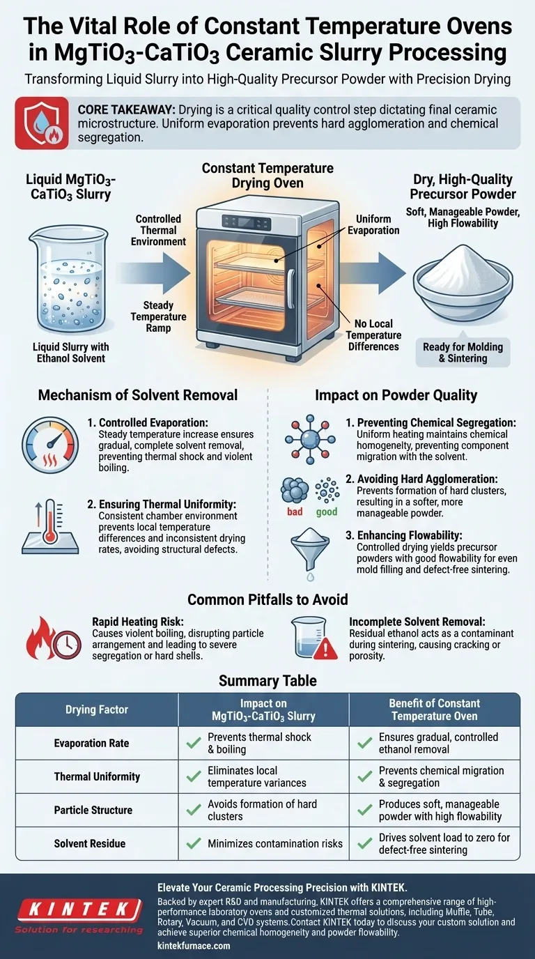 ¿Cómo contribuye un horno de secado a temperatura constante a la suspensión cerámica de MgTiO3-CaTiO3? Optimice la calidad de su precursor Guía Visual