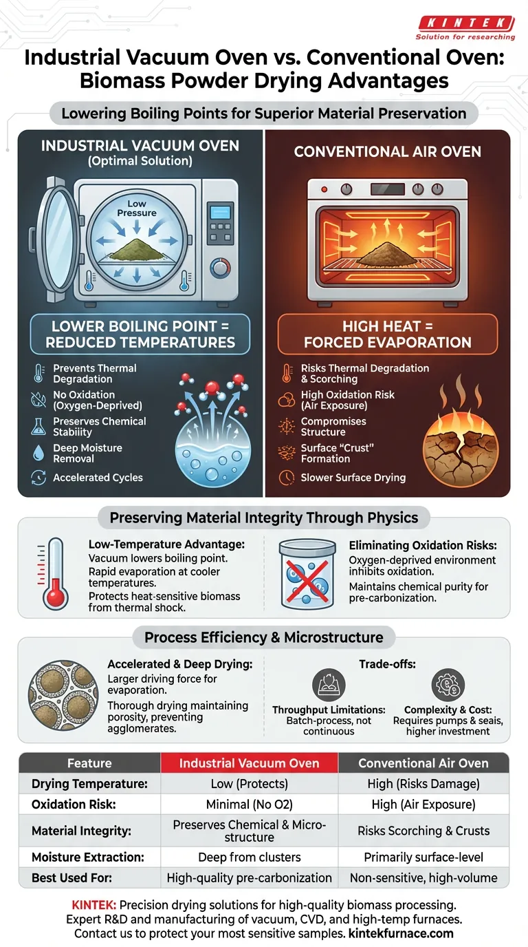 ¿Cuáles son las ventajas de utilizar un horno de vacío industrial para polvos de biomasa? Maximizar la calidad y la estabilidad química Guía Visual