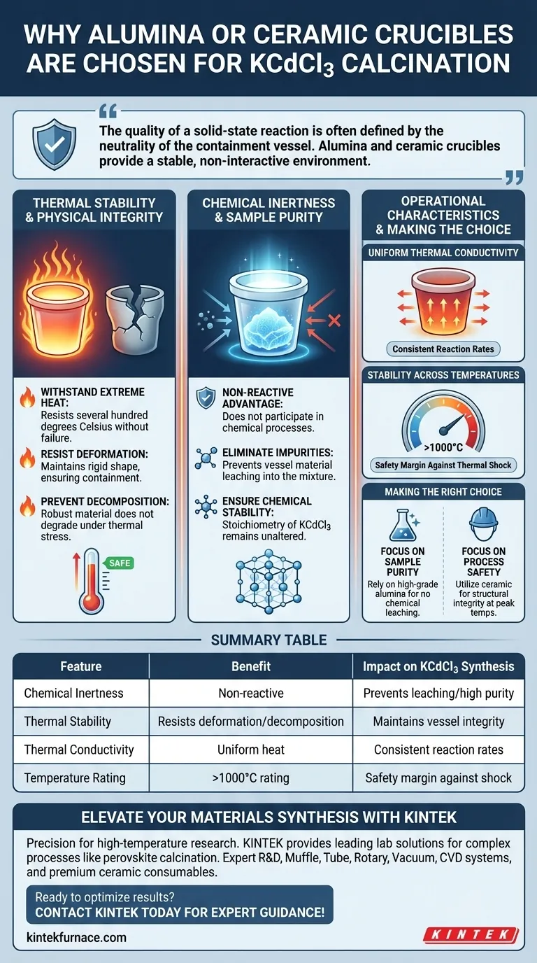 ¿Por qué se seleccionan crisoles de alúmina o cerámica para la perovskita KCdCl3? Garantizan alta pureza y estabilidad térmica Guía Visual