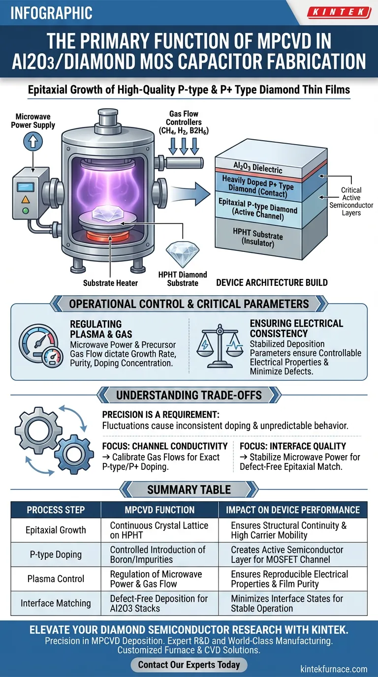 ما هي الوظيفة الأساسية لنظام ترسيب البخار الكيميائي بالبلازما الميكروويف (MPCVD) في Al2O3/diamond MOS؟ احصل عليها هنا دليل مرئي