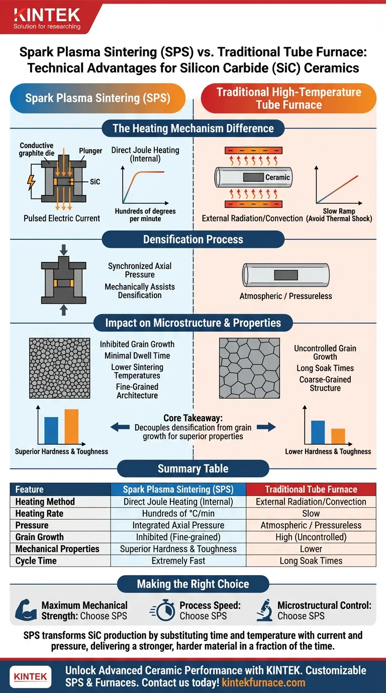 Quais são as vantagens técnicas do uso de SPS em comparação com fornos tubulares para SiC? Obtenha Propriedades Superiores de SiC Guia Visual