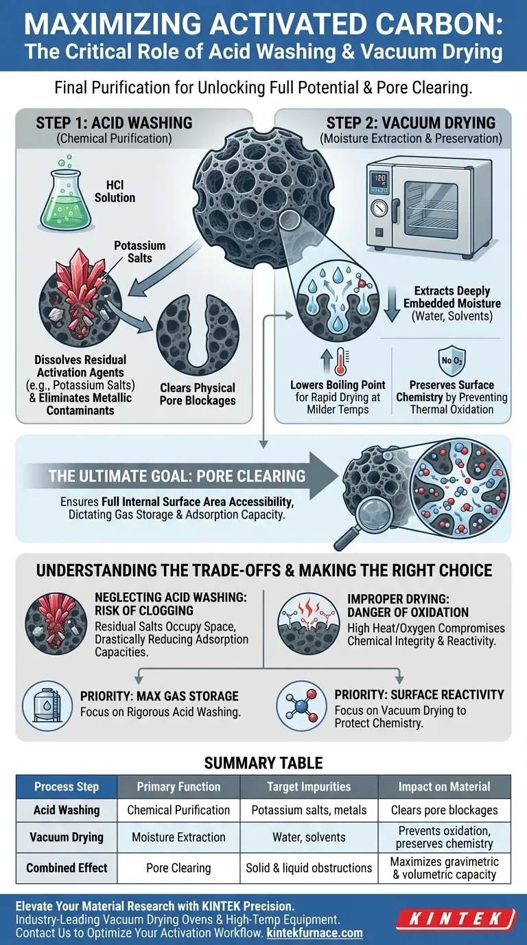Perché sono necessari forni per il lavaggio acido e l'essiccazione sotto vuoto dopo l'attivazione del carbonio? Sblocca la massima purezza e l'accesso ai pori Guida Visiva