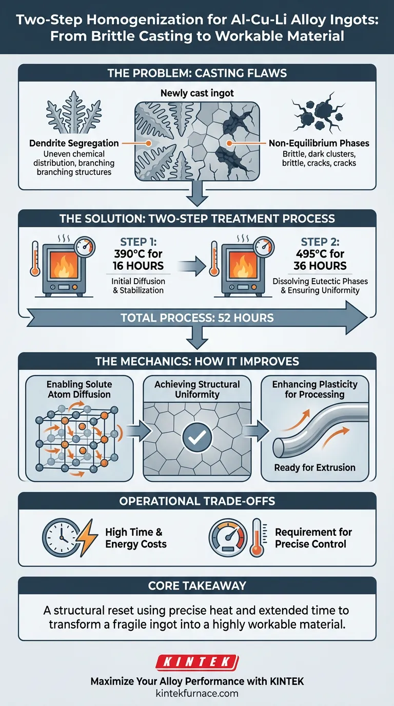 Какова цель использования двухступенчатой гомогенизационной печной обработки слитков из сплава Al-Cu-Li? Оптимизация пластичности Визуальное руководство