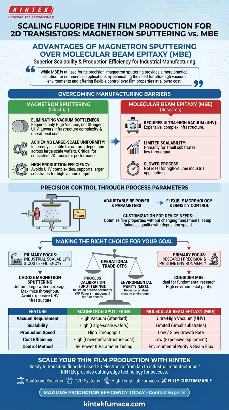 What are the advantages of using magnetron sputtering equipment compared to MBE? Scalable 2D Transistor Solutions Visual Guide