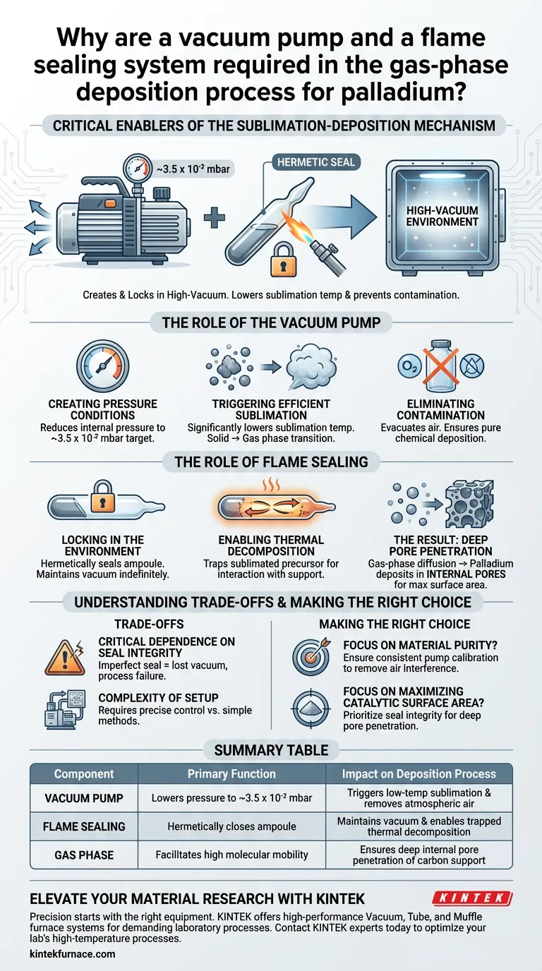 ¿Por qué se requieren una bomba de vacío y un sistema de sellado por llama en la deposición en fase gaseosa para el paladio? Se explica el papel clave Guía Visual