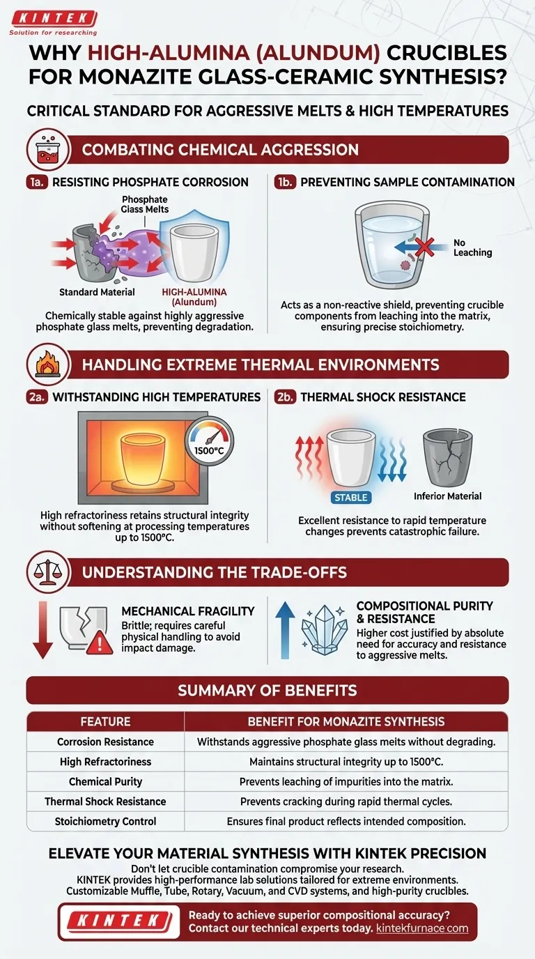 Por que usar cadinhos de alta alumina (Alundum) para a síntese de vitrocerâmica de monazita? Garanta a pureza em pesquisas de alta temperatura Guia Visual