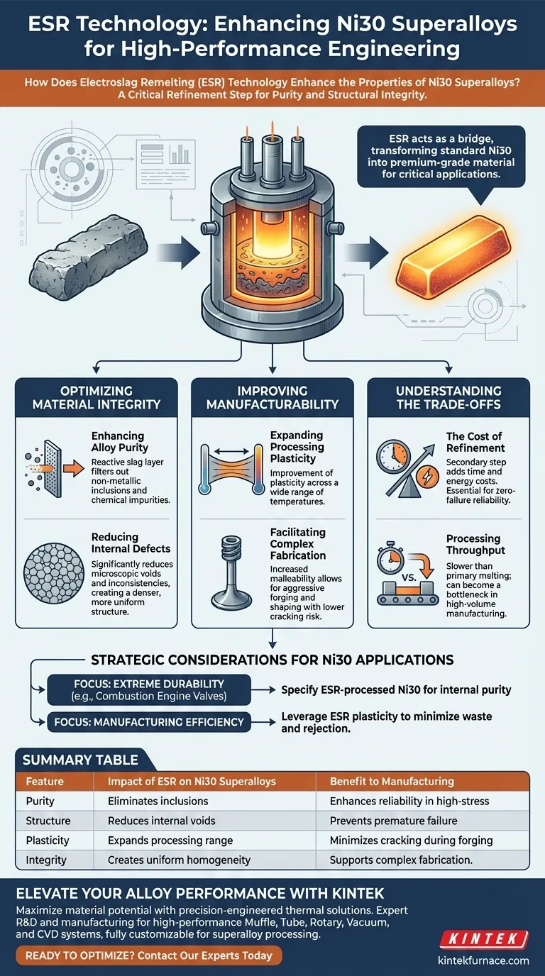 How does Electroslag Remelting (ESR) technology enhance Ni30 superalloys? Unlock Maximum Purity and Plasticity Visual Guide