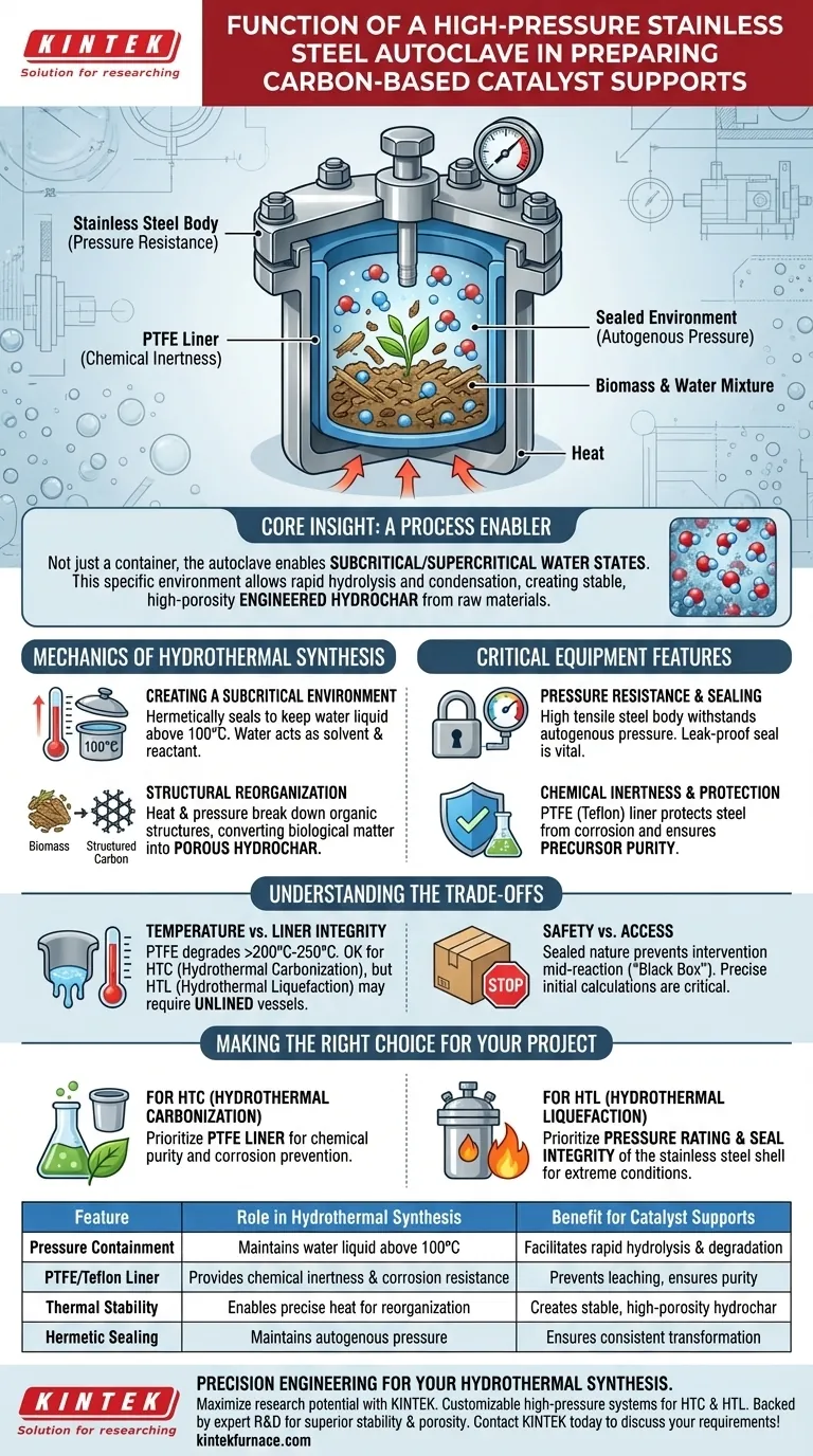 ¿Cuál es la función de un autoclave de acero inoxidable de alta presión en la carbonización hidrotermal? Desbloquea Carbon Superior Guía Visual