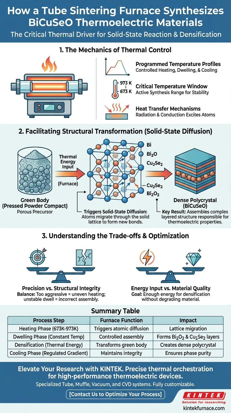 Como um forno de sinterização tubular de laboratório facilita a síntese de BiCuSeO? Domine a Difusão Térmica Precisa Guia Visual