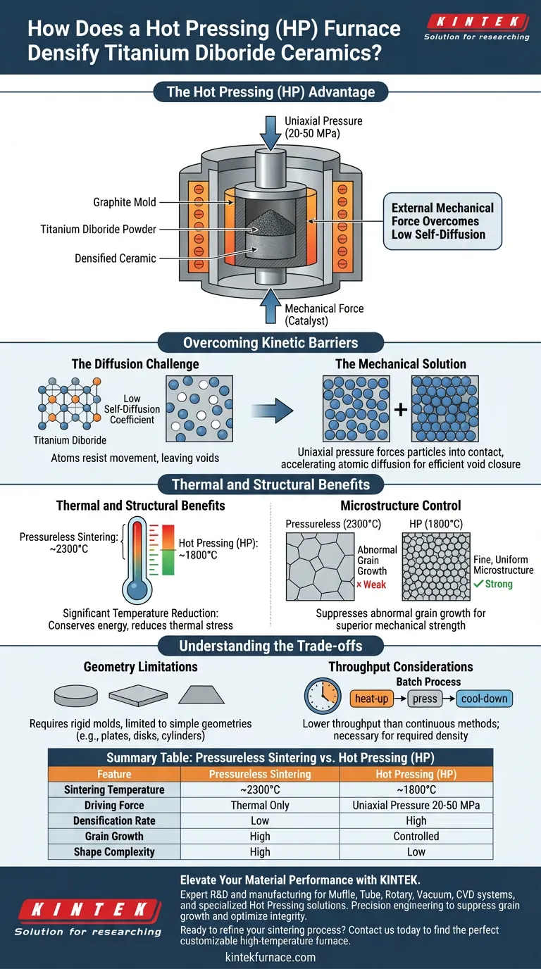 In che modo un forno a pressatura a caldo (HP) contribuisce alla densificazione delle ceramiche di diboruro di titanio? Soluzioni Esperte Guida Visiva