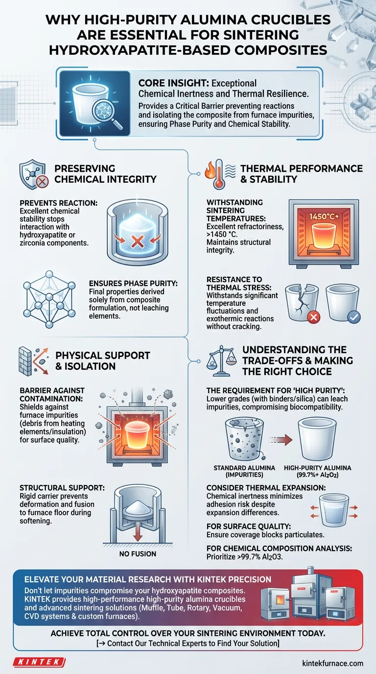 ¿Por qué es necesario utilizar crisoles de alúmina de alta pureza para sinterizar hidroxiapatita? Garantizar la pureza de la fase química Guía Visual