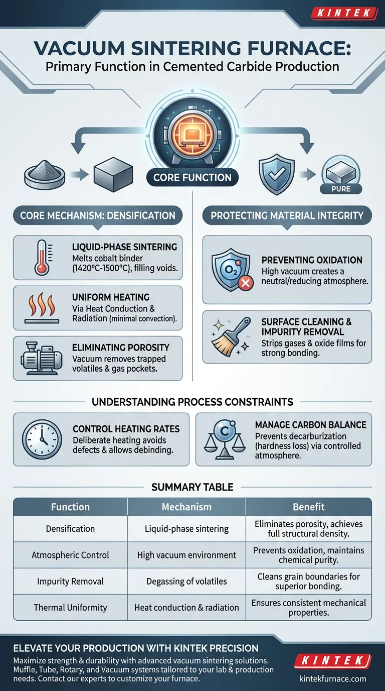 ¿Cuál es la función principal de un horno de sinterización al vacío en la producción de carburo cementado? Lograr la máxima densidad Guía Visual