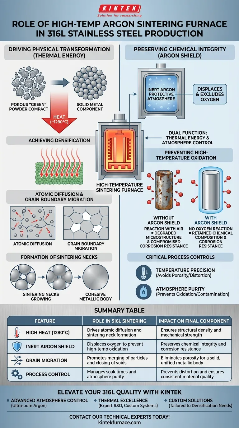 ¿Qué papel juega un horno de sinterización con atmósfera de argón a alta temperatura en la producción de 316L? Maestría en Metalurgia Guía Visual