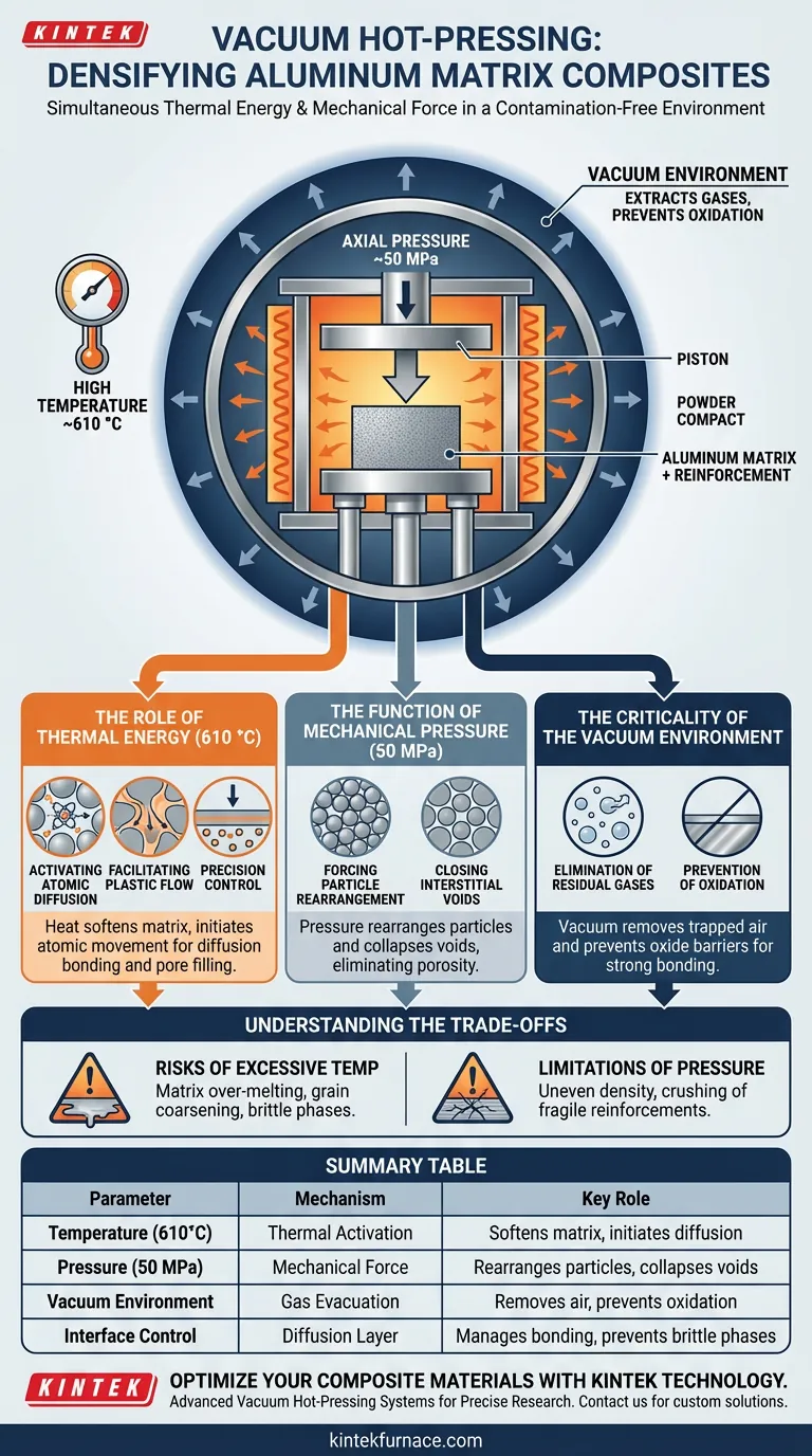 真空熱間プレス炉の温度と圧力条件は、AMCの緻密化をどのように促進しますか？ ビジュアルガイド