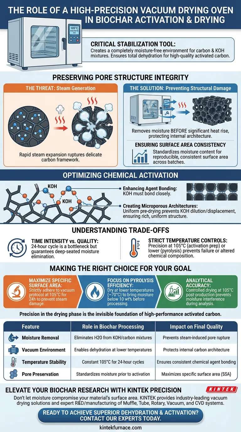 Qual é o papel de um forno de secagem a vácuo de alta precisão na ativação do biochar? Desbloqueie uma Área de Superfície Superior Guia Visual