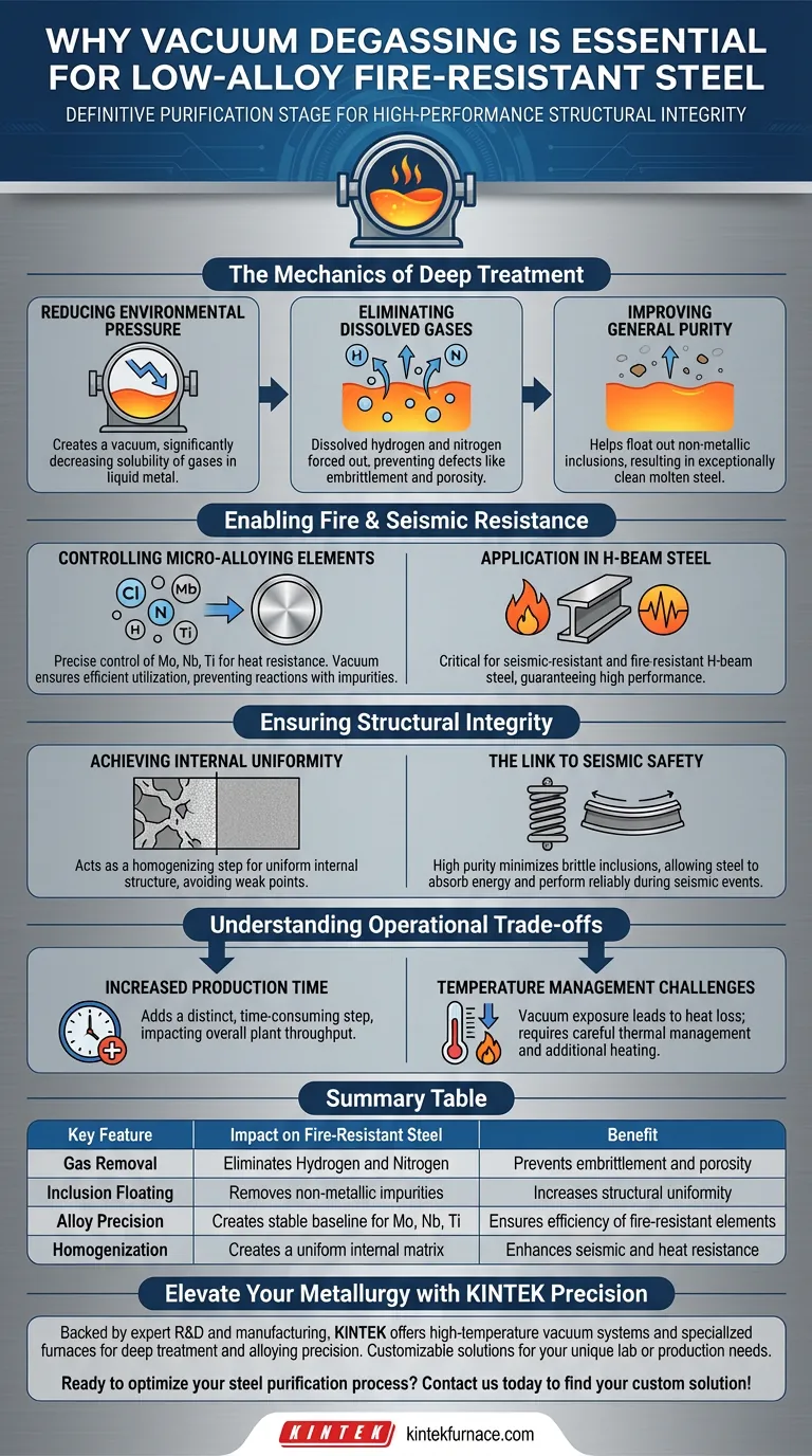 Perché l'attrezzatura di degasaggio sottovuoto viene utilizzata nella preparazione di acciai resistenti al fuoco a bassa lega? | KINTEK Solutions Guida Visiva