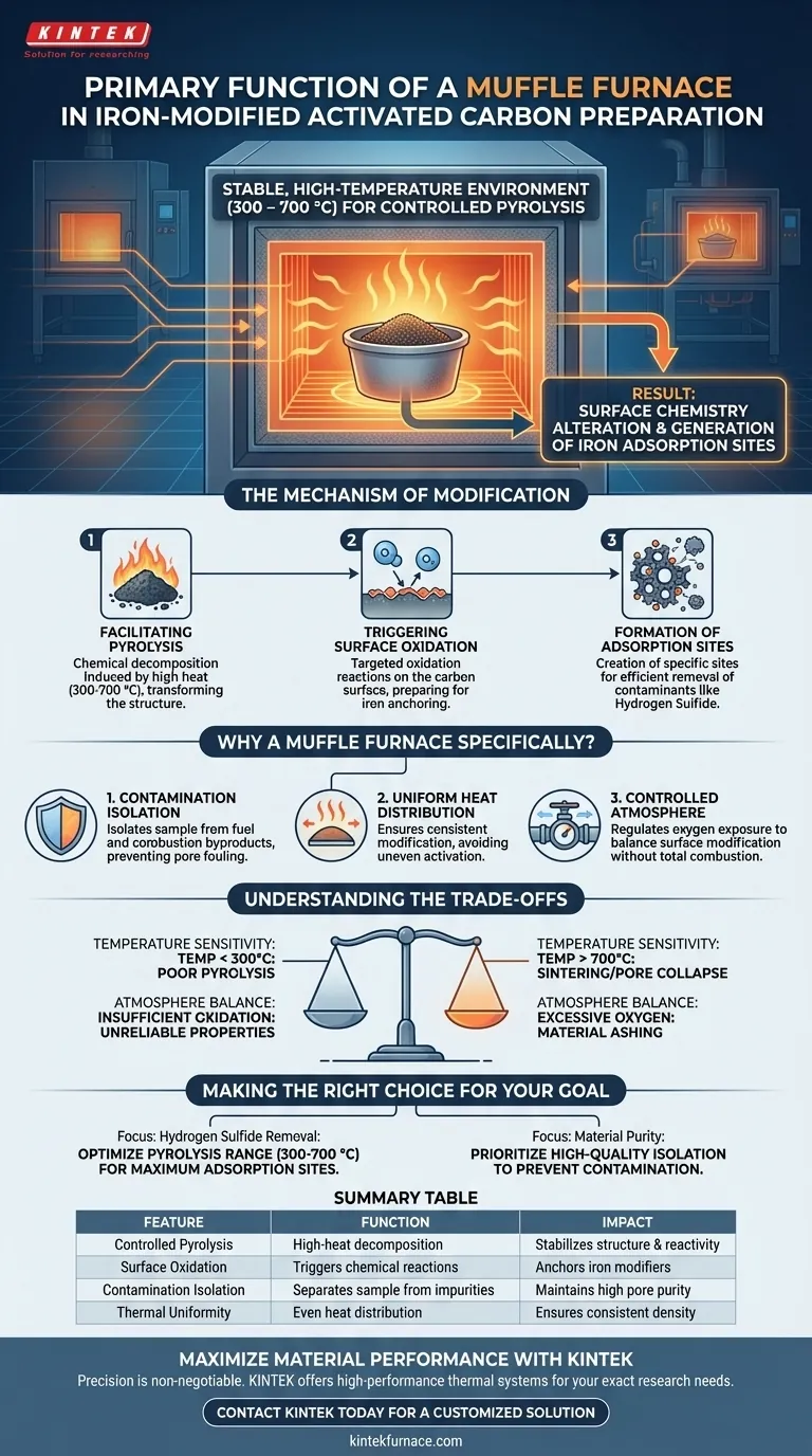 ما هي الوظيفة الأساسية لفرن الكوتة في تحضير الكربون المنشط المعدل بالحديد؟ تحسين مواقع الامتزاز دليل مرئي