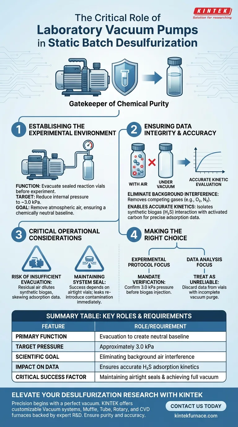 Quale ruolo svolge una pompa da vuoto da laboratorio in un sistema di valutazione statica della desolforazione a batch? Garantire l'integrità dei dati Guida Visiva