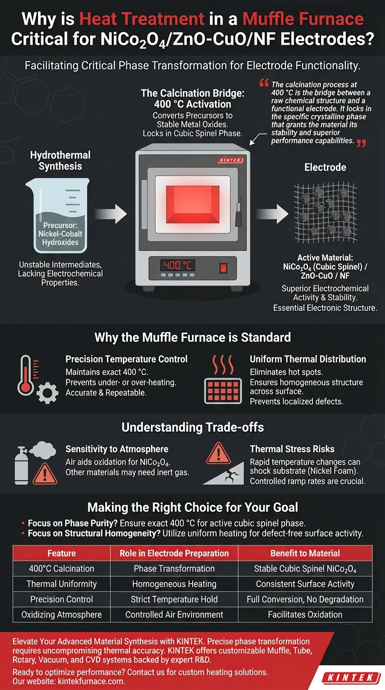 Warum ist die Wärmebehandlung im Muffelofen für NiCo2O4/ZnO-CuO/NF-Elektroden notwendig? Entfesseln Sie hochleistungsfähige Aktivität Visuelle Anleitung