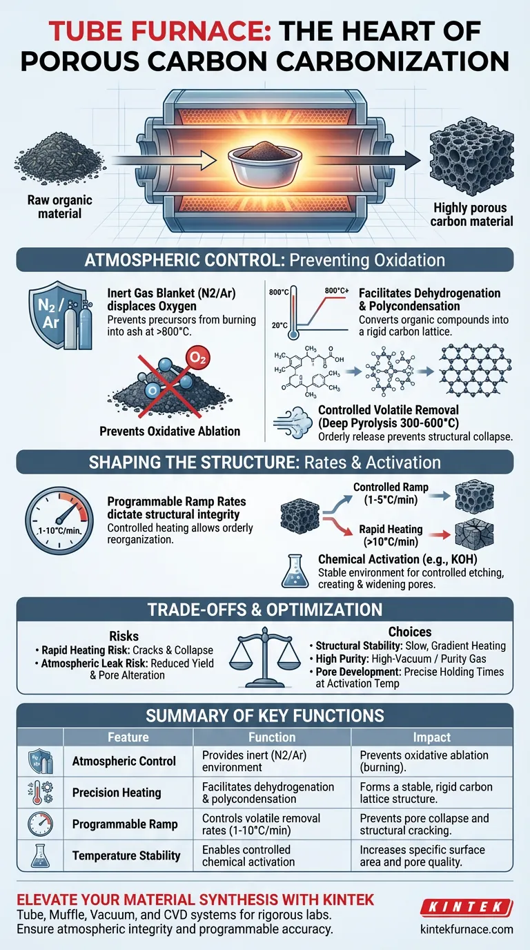 Qual é o papel de um forno tubular na carbonização de carbono poroso? Domine o Controle Térmico Preciso Guia Visual