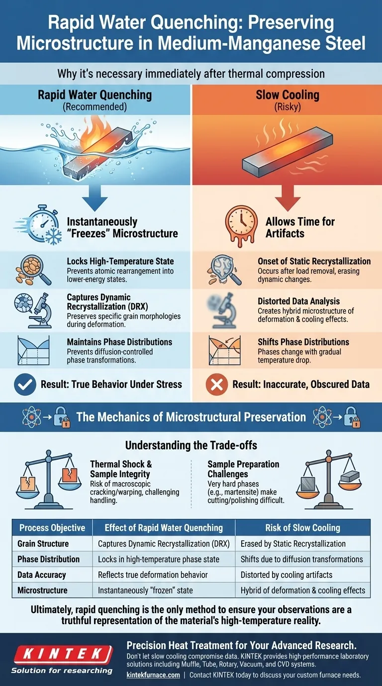 Por que o resfriamento rápido com água é necessário após a compressão térmica? Capture Microestruturas Verdadeiras em Aço de Manganês Médio Guia Visual