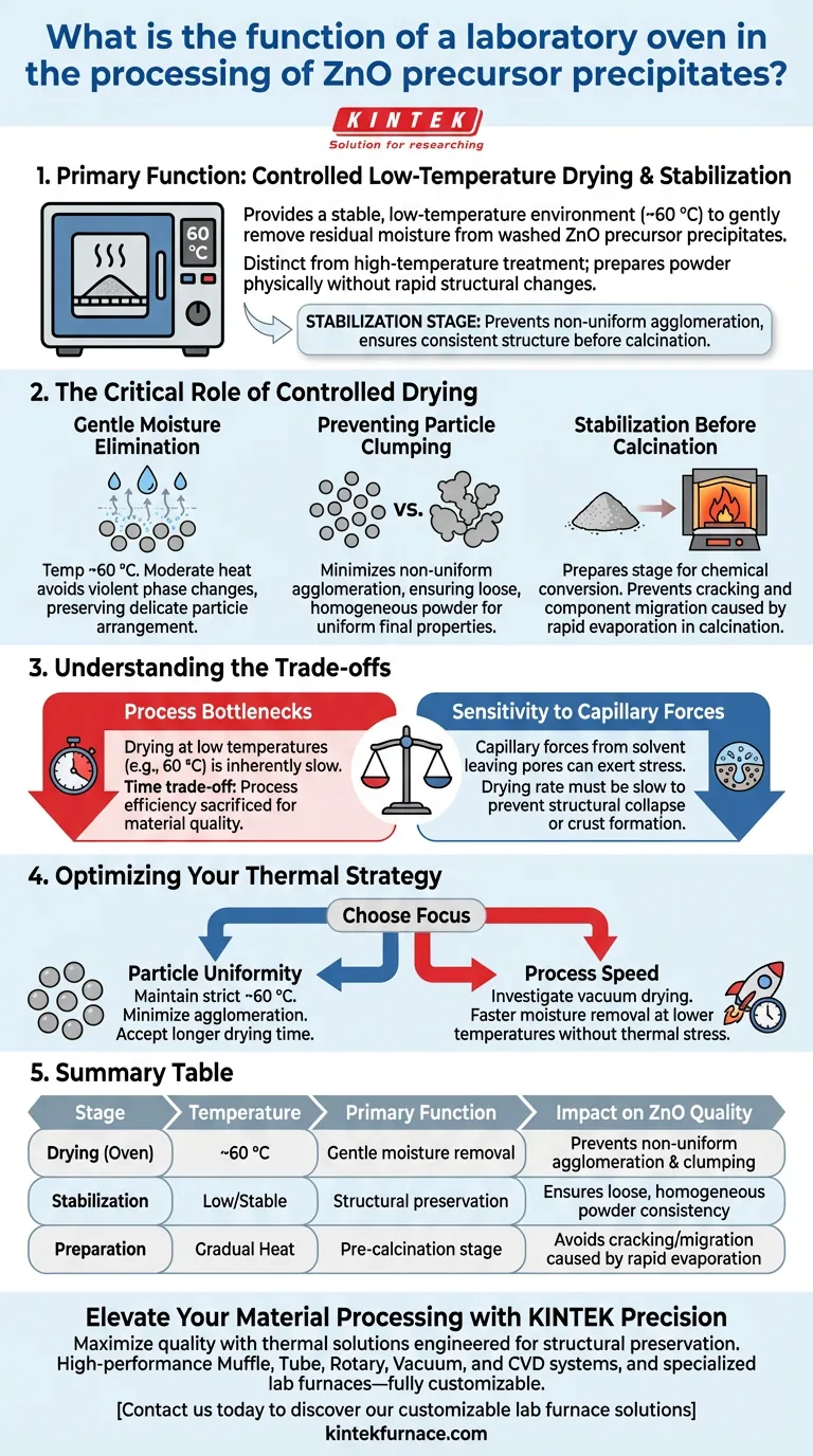 Qual é a função de um forno de laboratório no processamento de ZnO? Otimizar a Secagem do Precursor e Prevenir a Aglomeração Guia Visual