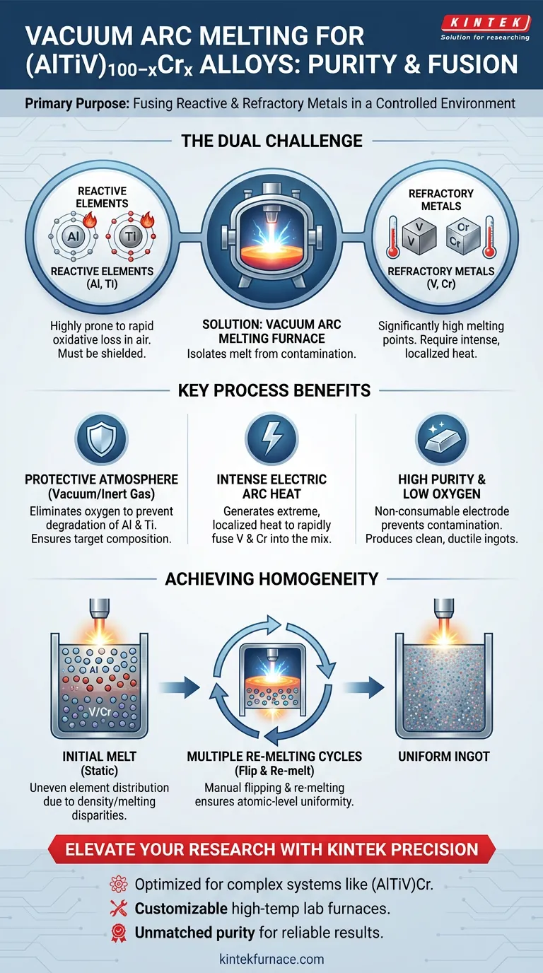 Qual é o propósito principal de usar um forno de fusão por arco a vácuo para ligas (AlTiV)100−xCrx? Garantir Pureza e Pureza Guia Visual