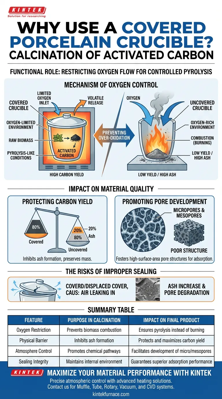 Perché viene utilizzata una crogiolo di porcellana coperto per la calcinazione del carbone attivo? Assicurati la tua resa di carbonio di alta qualità Guida Visiva