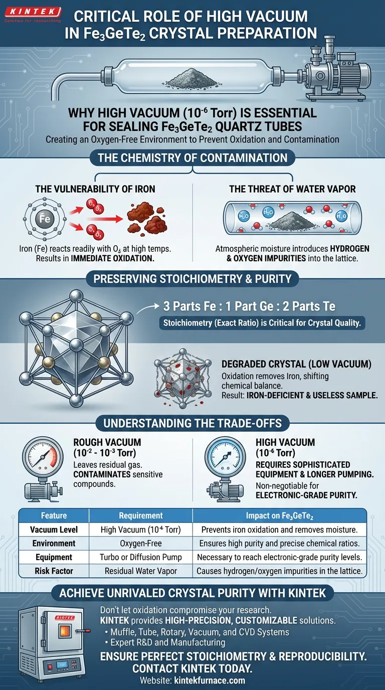 ¿Por qué es crucial un sistema de alto vacío para sellar el tubo de cuarzo utilizado en la preparación de cristales individuales de Fe3GeTe2? Guía Visual