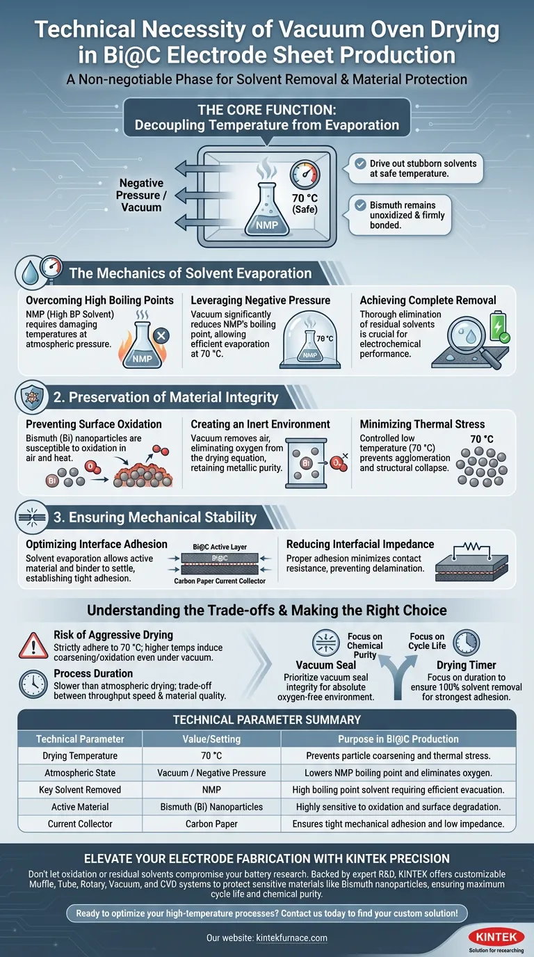 Bi@C 电极片真空烘箱干燥步骤的技术必要性是什么？确保纯度和附着力 图解指南