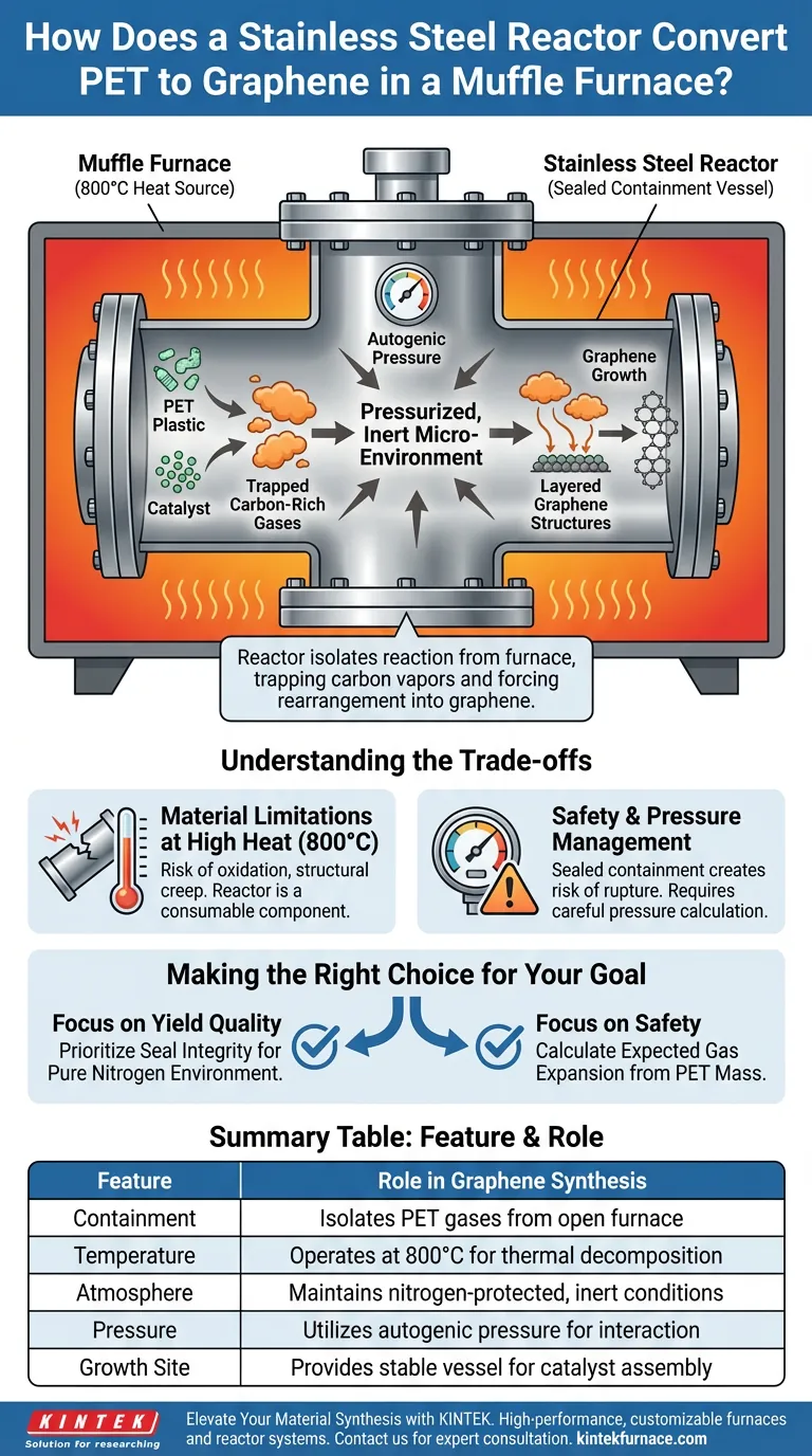 PET를 그래핀으로 만들기 위한 머플 퍼니스 내 스테인리스 스틸 반응기의 작동 방식은 무엇인가요? 탄소 합성 마스터 시각적 가이드
