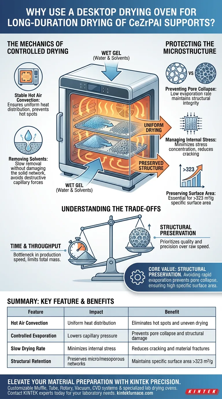 CeZrPAl 지지체에 데스크탑 건조 오븐을 사용하는 이유는 무엇인가요? 구조적 무결성을 위한 필수 팁 시각적 가이드