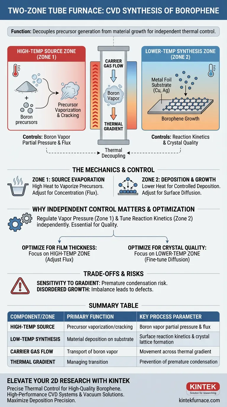 Какова функция двухзонной трубчатой печи в химическом осаждении из газовой фазы (CVD) борофена? Достижение точного термического разделения для синтеза 2D-материалов Визуальное руководство