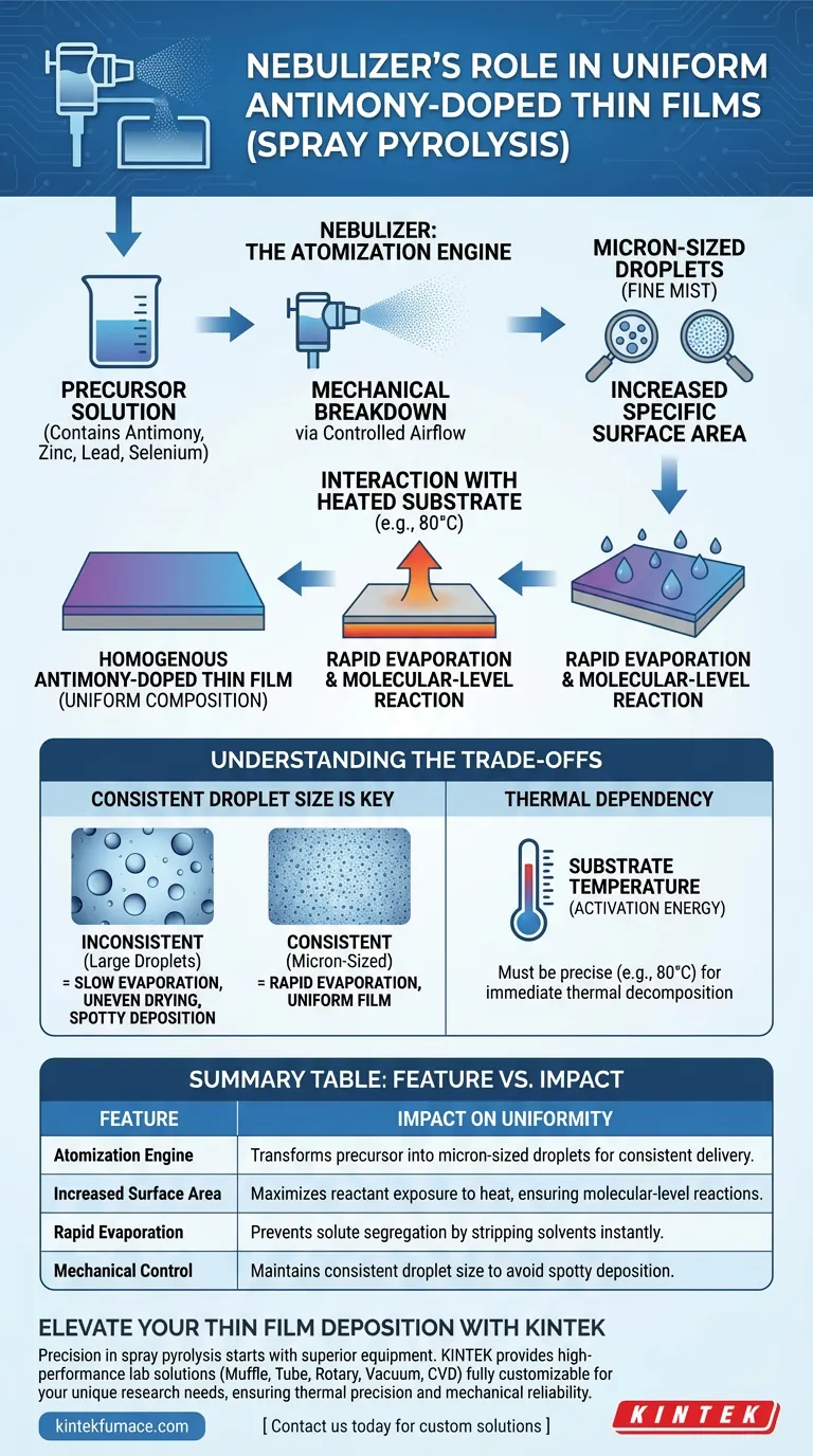 In che modo un nebulizzatore contribuisce all'uniformità dei film sottili drogati con antimonio? Sblocca una precisione di pirolisi superiore Guida Visiva