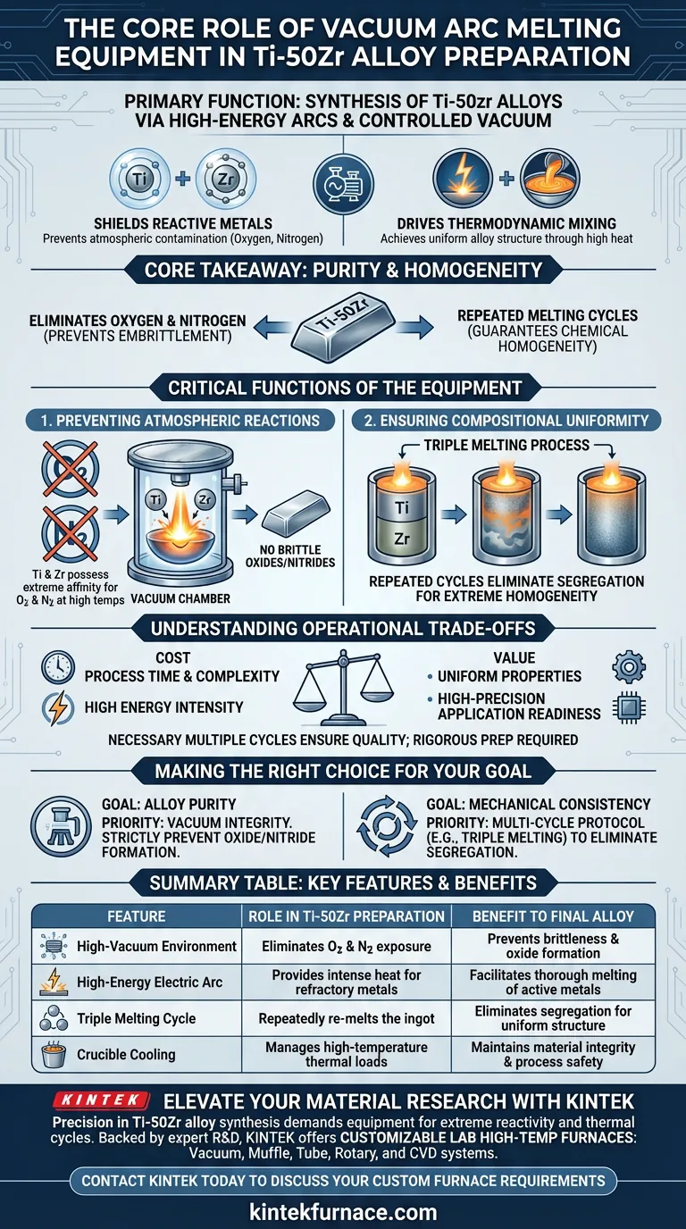 Qual é o papel fundamental do equipamento de fusão por arco a vácuo na preparação da liga Ti–50Zr? Alcançar Pureza e Homogeneidade Guia Visual