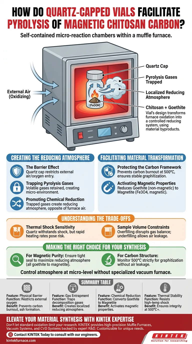 Como os frascos com tampa de quartzo facilitam a pirólise de carbono de quitosana magnética? Domine as atmosferas redutoras localizadas Guia Visual