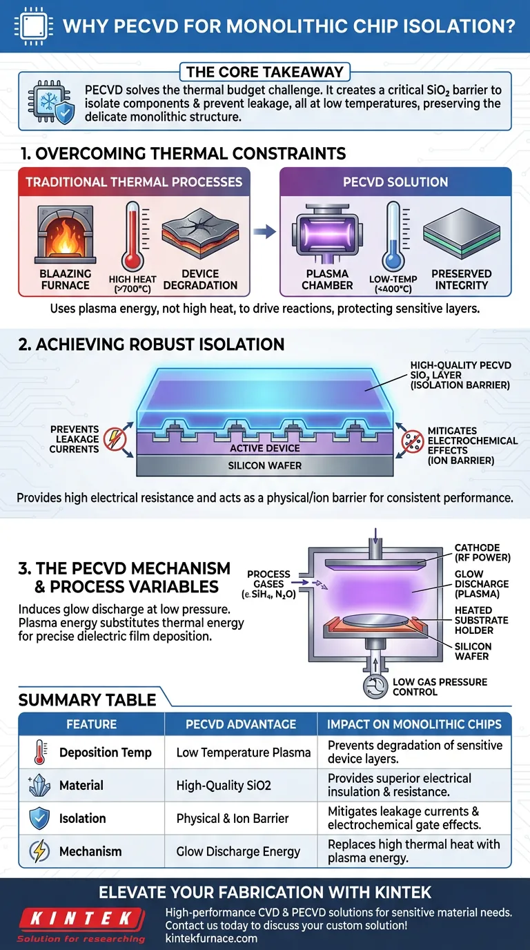 ¿Por qué utilizar PECVD para capas de aislamiento de chips integrados monolíticos? Proteja su presupuesto térmico con SiO2 de alta calidad Guía Visual
