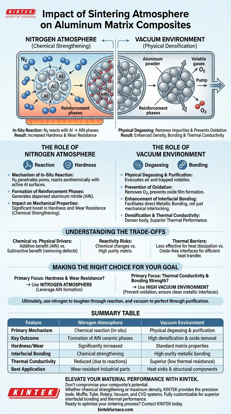 Como a atmosfera de sinterização afeta os compósitos de matriz de alumínio? Otimize a dureza e a condutividade térmica Guia Visual