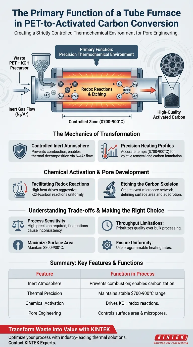 Qual é a função principal de um Forno Tubular na conversão de PET em carvão ativado? Alcançar Carbonização de Precisão Guia Visual
