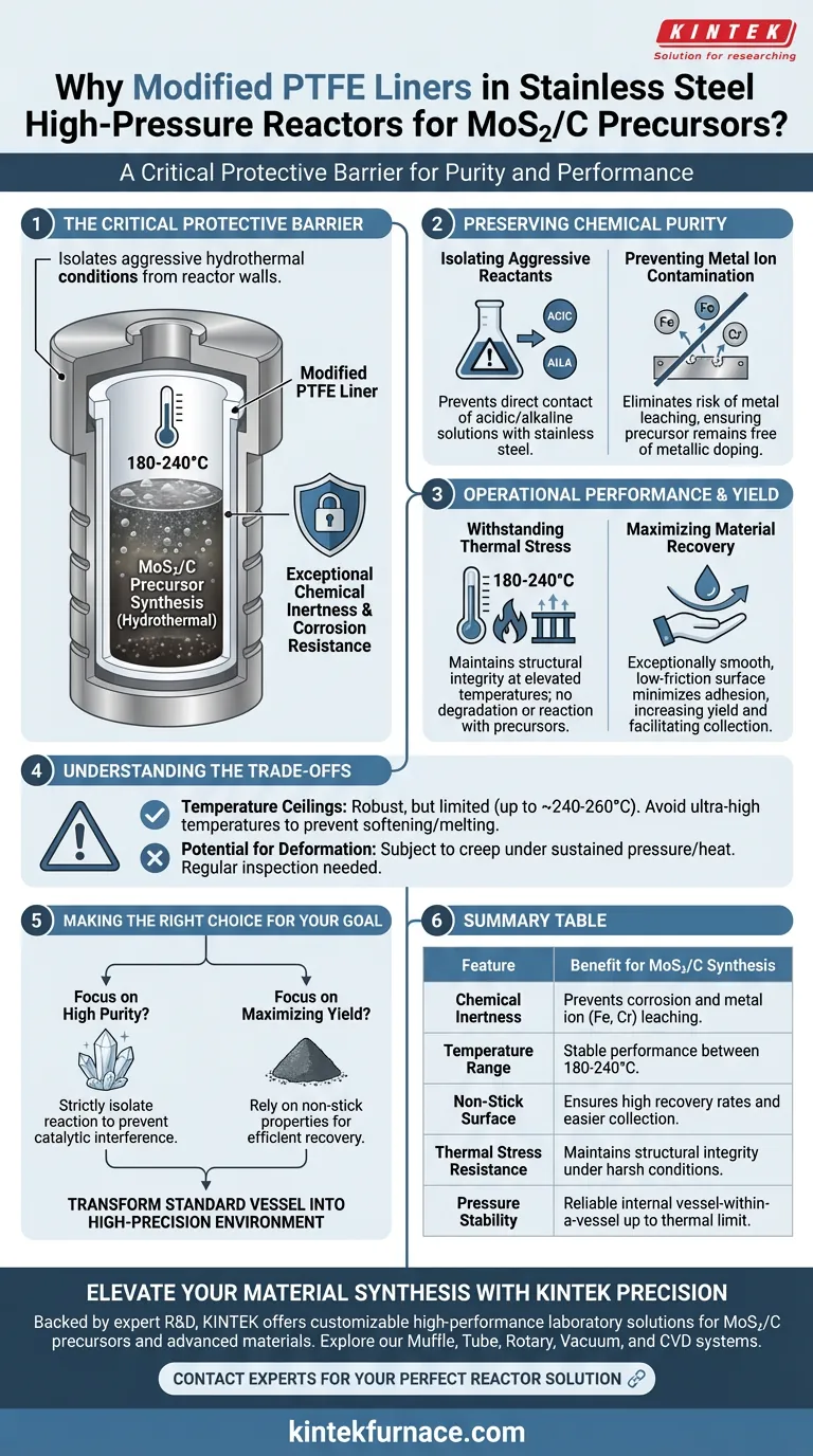 ¿Por qué se utiliza PTFE modificado como revestimiento en reactores de alta presión para MoS2/C? Mejora de la pureza y el rendimiento. Guía Visual