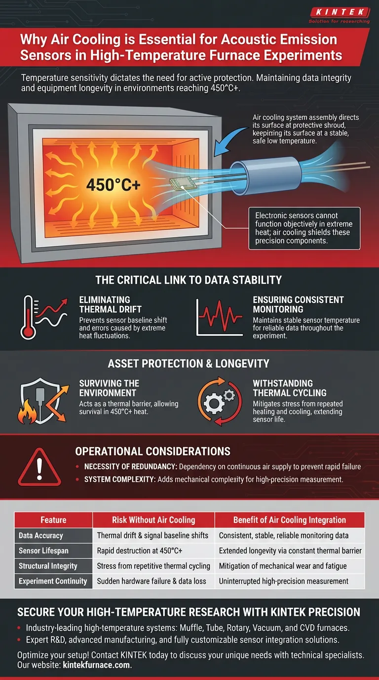 Por que o resfriamento a ar deve ser integrado em sensores de emissão acústica para experimentos de alta temperatura? Proteja a integridade dos seus dados Guia Visual