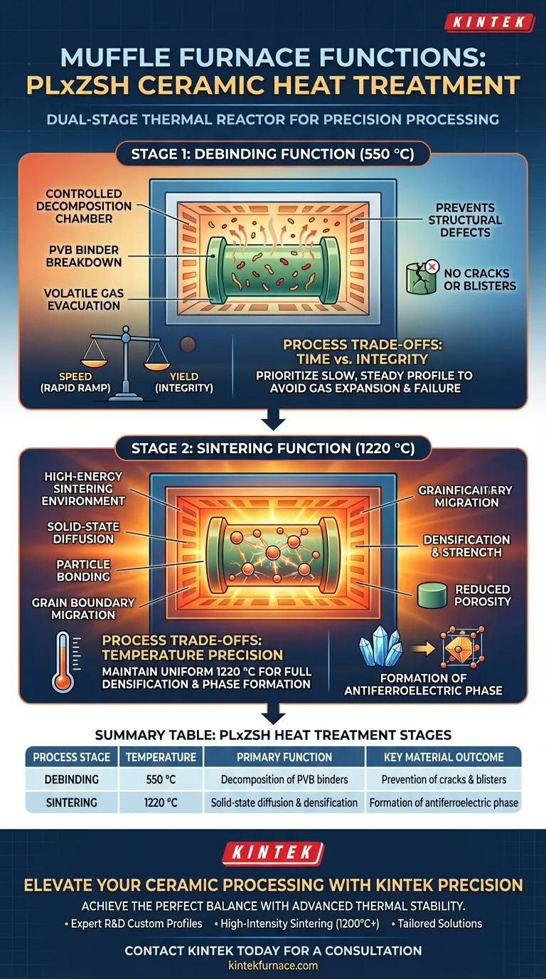 Quais são as funções específicas de um forno mufla no tratamento de cerâmica PLxZSH? Otimizar Desaglutinamento e Sinterização Guia Visual