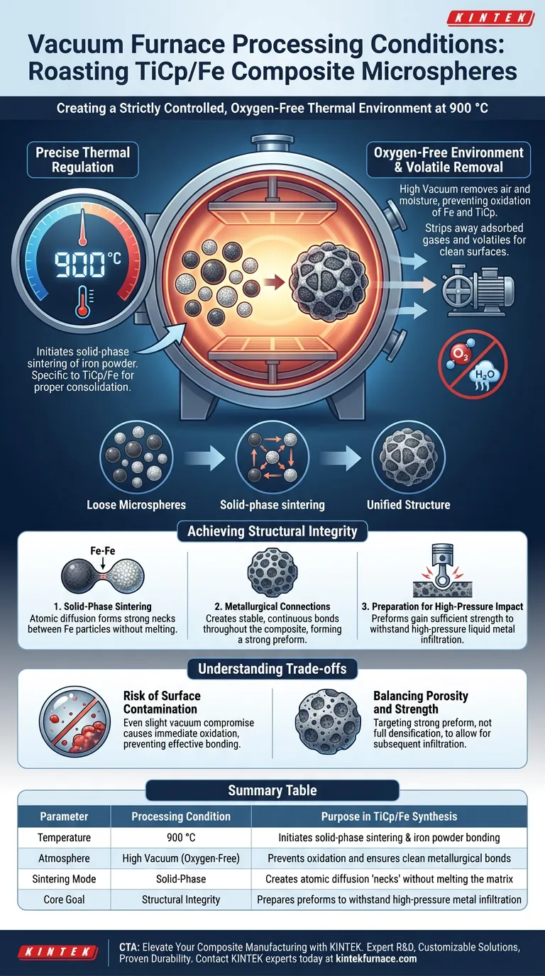 ¿Qué condiciones de procesamiento proporciona un horno de vacío para las microsferas de TiCp/Fe? Sinterización a 900 °C Guía Visual