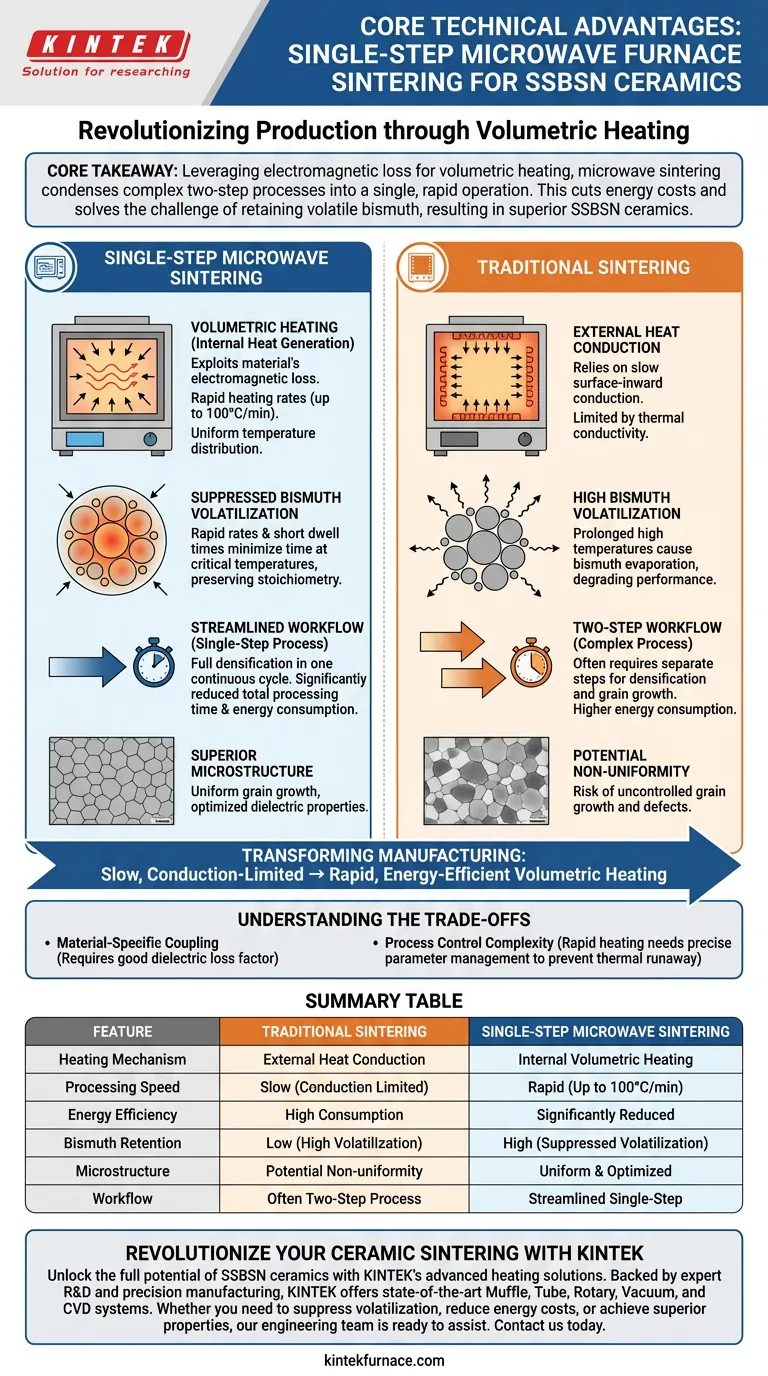 What are the core technical advantages of single-step microwave furnace sintering for SSBSN ceramics? Visual Guide