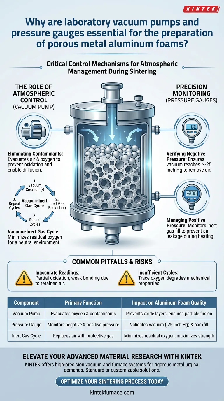Por que as bombas de vácuo de laboratório e os medidores de pressão são essenciais para espumas de alumínio? Garanta resultados de sinterização de alta qualidade Guia Visual