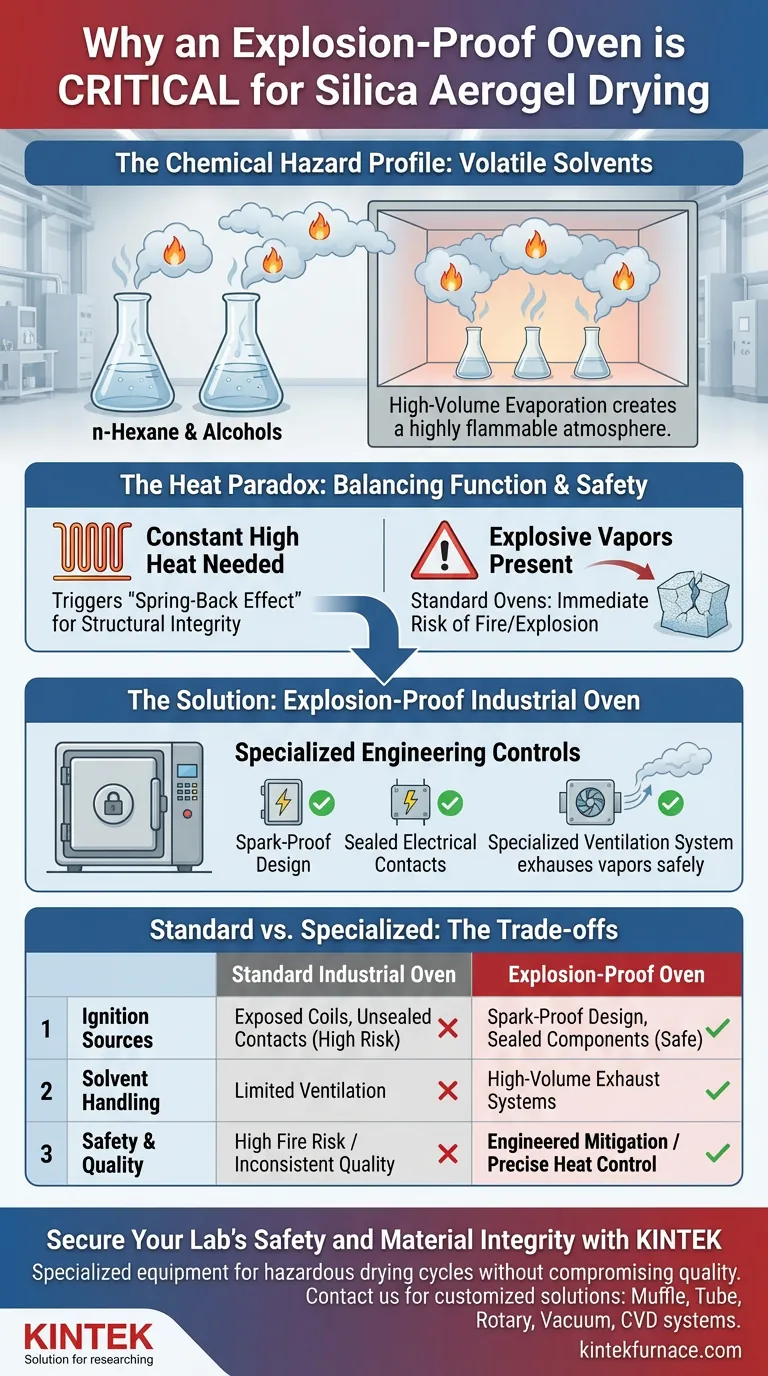¿Por qué utilizar un horno a prueba de explosiones para aerogeles de sílice? Seguridad esencial para el secado a alta temperatura a presión ambiente Guía Visual