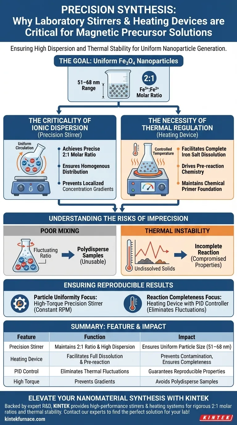 Por que agitadores de precisão de laboratório e dispositivos de aquecimento são essenciais para a síntese de soluções precursoras magnéticas? Guia Visual