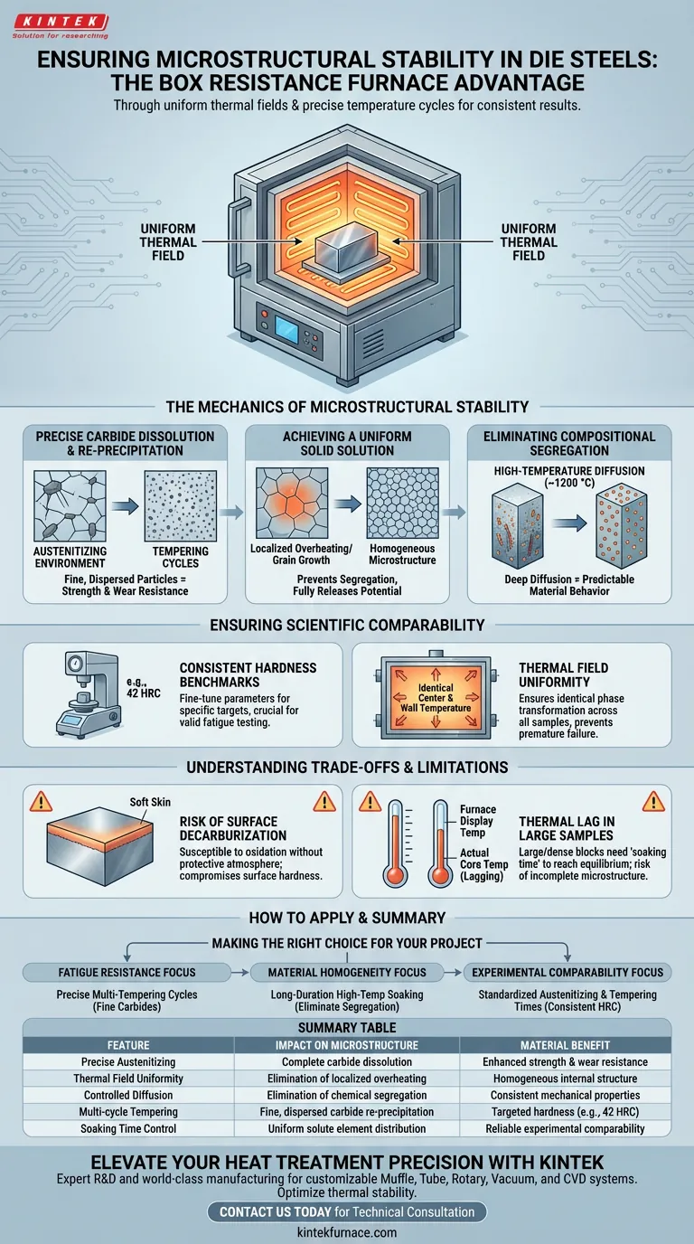 ¿Cómo garantiza un horno de resistencia de caja la estabilidad de las propiedades microestructurales durante el tratamiento térmico de aceros para troqueles? Guía Visual