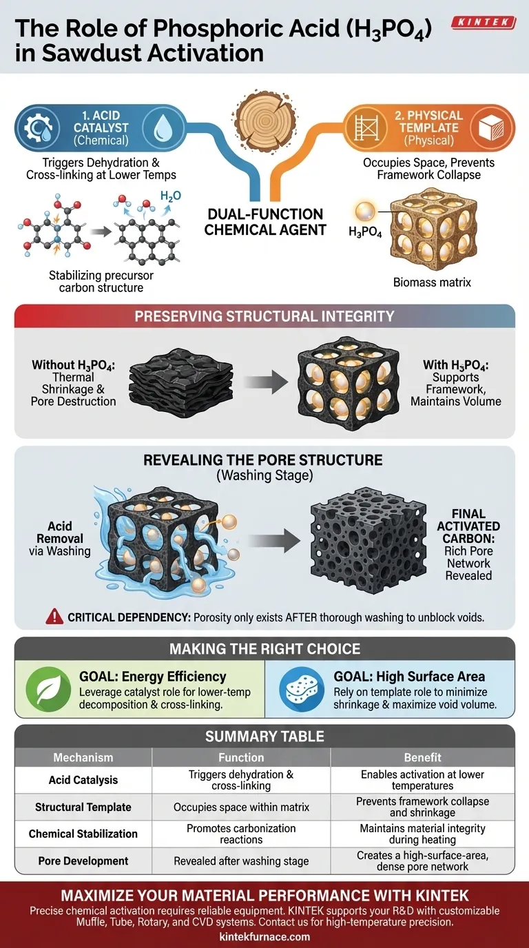 在锯末的化学活化阶段，磷酸 (H3PO4) 起什么作用？提高孔隙率和效率 图解指南